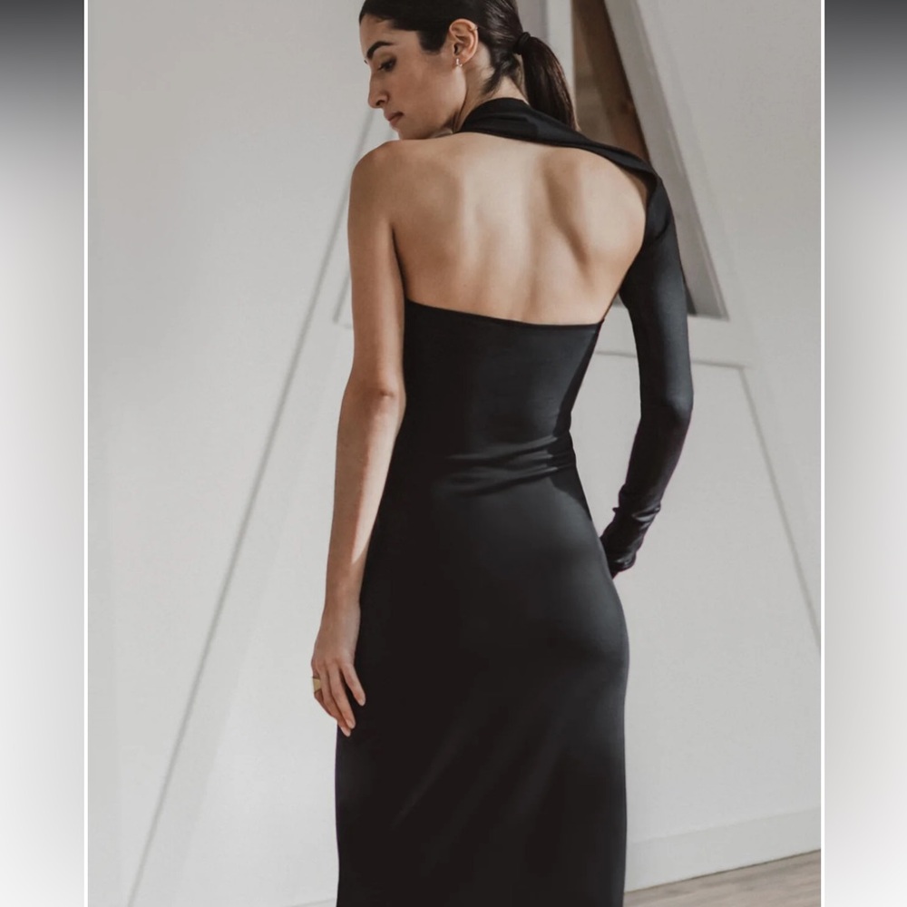 68. Marcella $158 Manhattan One-Shoulder Ponte Knit Gown Elegant Black Dress - Picture 4 of 5
